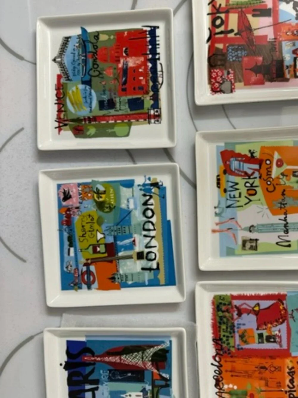 Crate & Barrel Cityscape Square Appetizer Plates – Set of 6   City Scenes • Cera